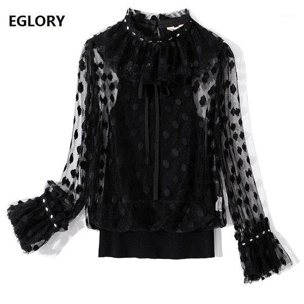 

2020 summer fashion white black jumpers women ruffled collar polka dot patterns knitting long sleeve casual pullover female1