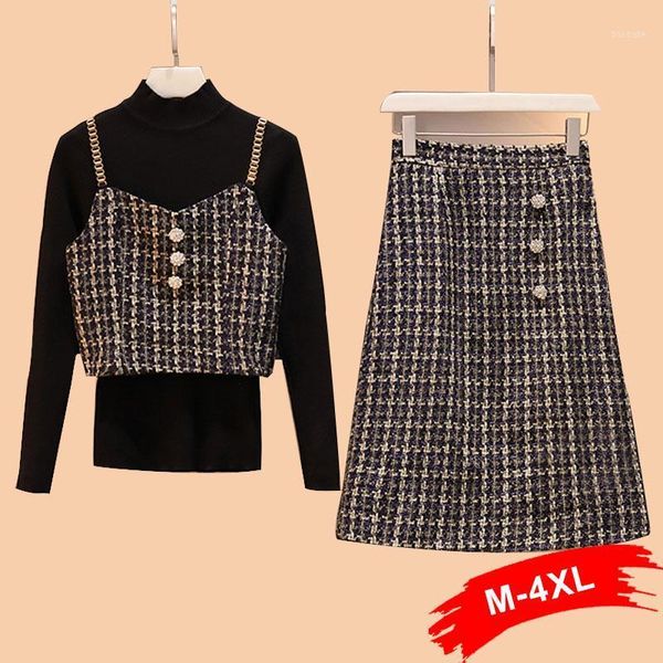 

plus size autumn 3 piece set women knitted sweater back zipper chain patchwork vest+back slit buttons skirts tweed outfits1, Gray