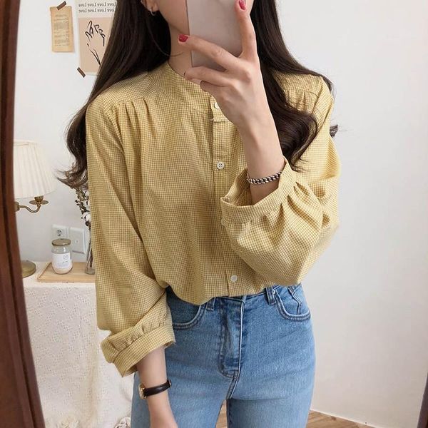 

womens blouses o-neck plaid blouse office shirt blusas mujer de moda 2021 lantern long sleeve women shirts clothes, White