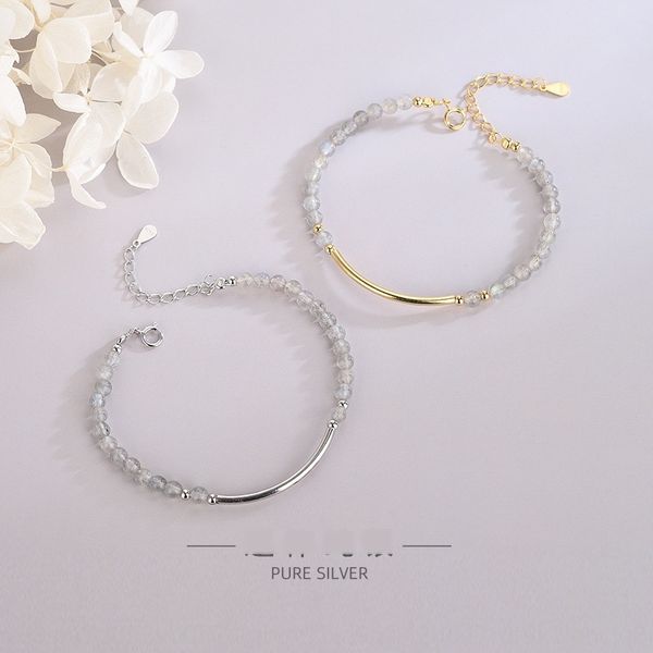 

s925 pure silver japanese and korean style moonstone crystal small design round bead and tube crystal bracelet bracelet hnq6m, Golden;silver