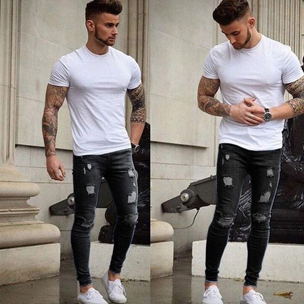 

new fashion hole distressed jean mens stretchy ripped skinny biker jeans frayed slim fit destroyed taped denim pants fit trouser, Blue
