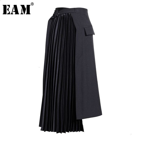 

eam] highwaist black asymmetrical pleated temperament half-body skirt women fashion tide new spring autumn 2021 19a-a779 cx200703