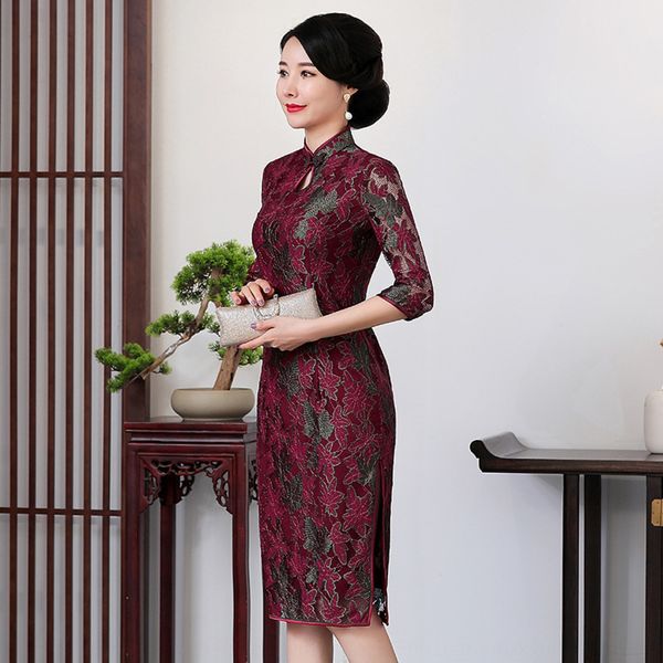 

длинных кружева теща церемониального кружева cheongsamwedding платья cheongsam осень и зима нового китайского cheongsam свадьбы матери плать, Black;gray