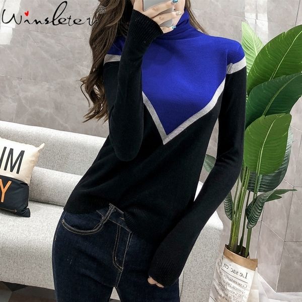 

new autumn sweater womens long sleeve turtleneck knit pullovers fashion slim elastic color-block bottoming t06108b 201130, White;black