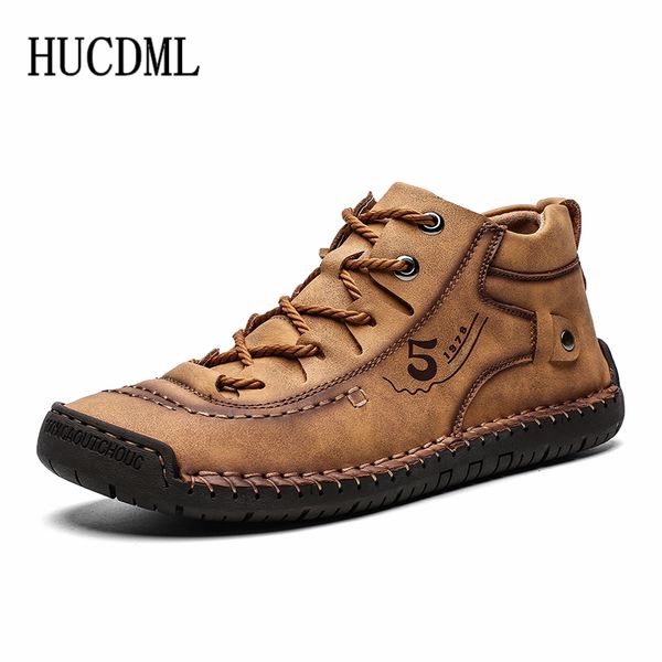 

hucdml handmade leather men outdoor high-lace-up casual shoes flats male ankle boots big size 38-48, Red;white