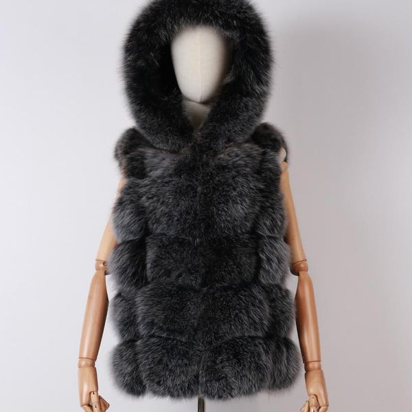 

women's fur & faux gilet real ladies women hooded natural jacket sleeveless, Black