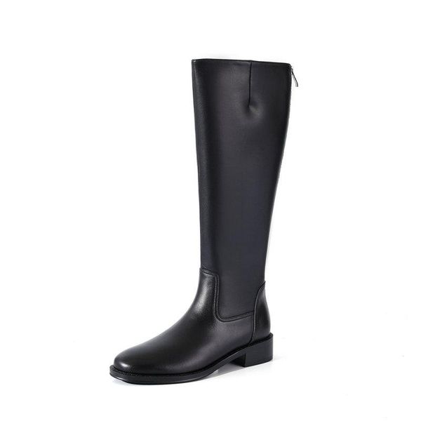 

boots fashion genuine leather chunky low heels shoes woman women knee high long back zippers party basic, Black