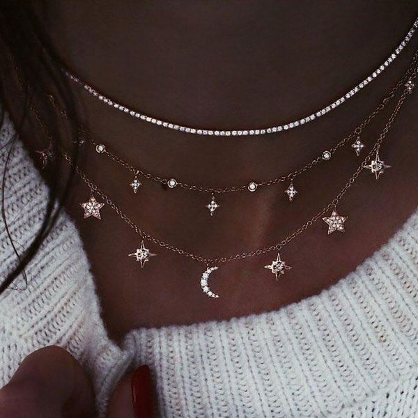 

pendant necklaces multilayer crystal moon & pendants for women vintage charm gold star choker necklace 2021 bohemian jewelry gift, Silver