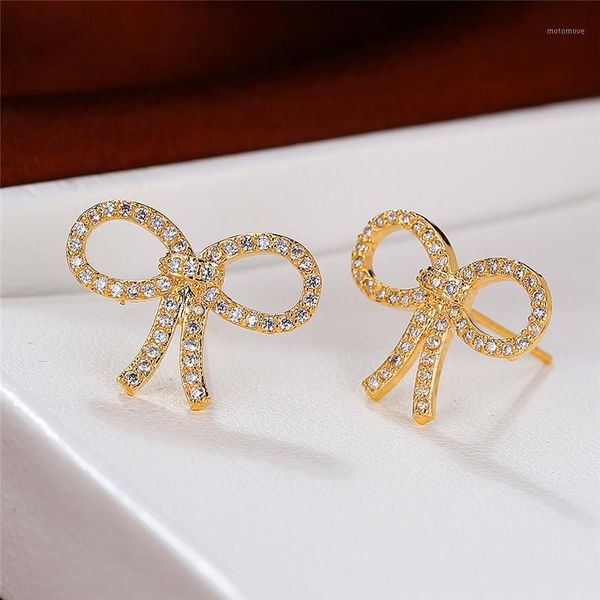 

cute female bow crystal stone earrings korean kawaii zirconia stud earrings for women rose gold silver wedding1, Golden;silver
