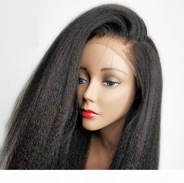 

human hair lace front wigs kinky straight for black women side part virgin brazilian italian yaki coarse full lace human hair wigs, Black;brown
