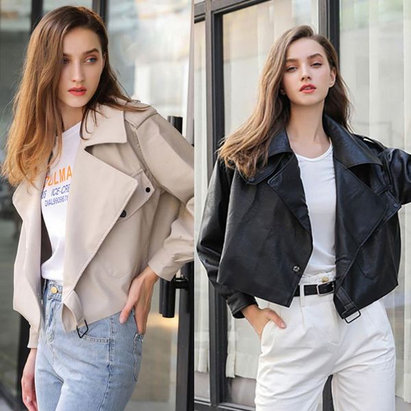 

womail leather jacket women slim short motorcycle jackets solid color fashion coat women fashion cardigan long sleeve outwear, Black;brown