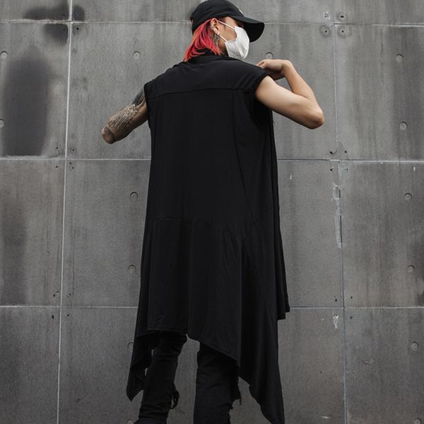 

2021 summer men of cotton... breathable flax... long gothic vest with no sleeves... men's jacket... nightclub hip hop mantle... ja1x, Black;white