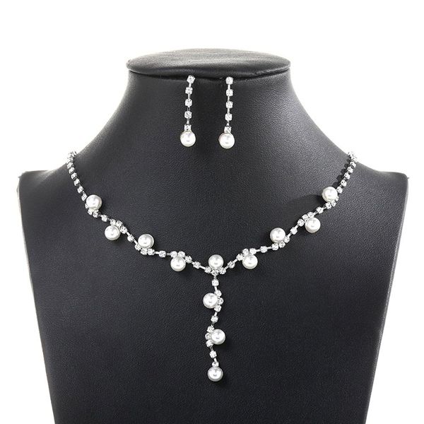 

fashion women rhinestone faux pearl pendant necklace stud earrings jewelry set wedding party decor accessory, Silver