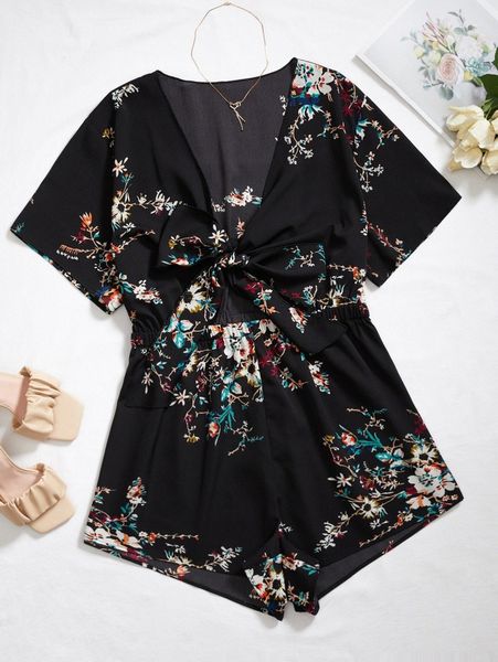 

plus floral print tie front jumpsuit k98r#, Black