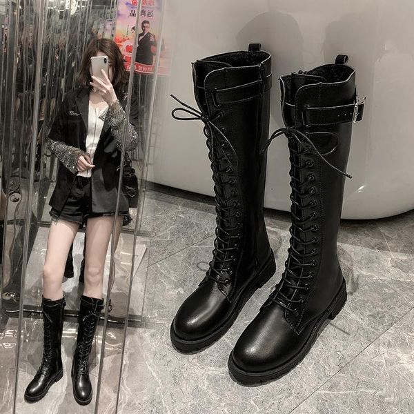 

woman flat boots winter shoes for women thigh high heels high booties ladies round toe boots-women low 2020, Black
