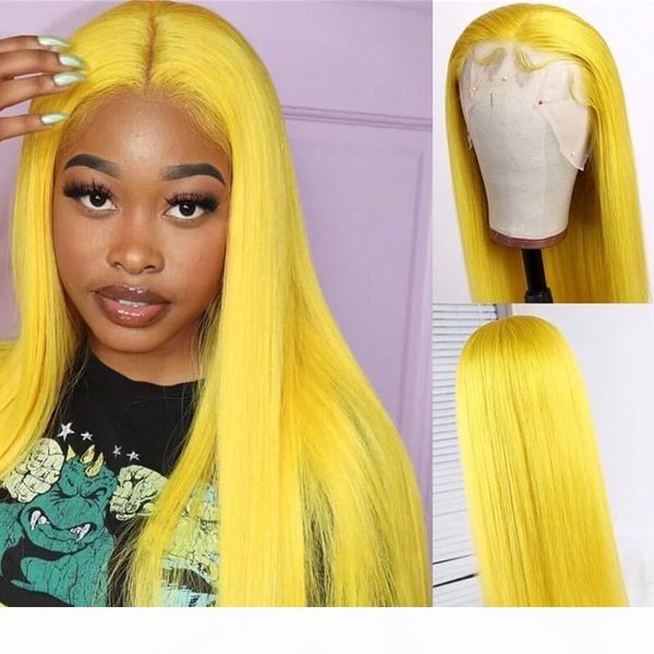 

13x6 pre plucked yellow lace human hair wigs with baby hair pre plucked 613 blonde yellow ombre lace wig 150% density, Black;brown