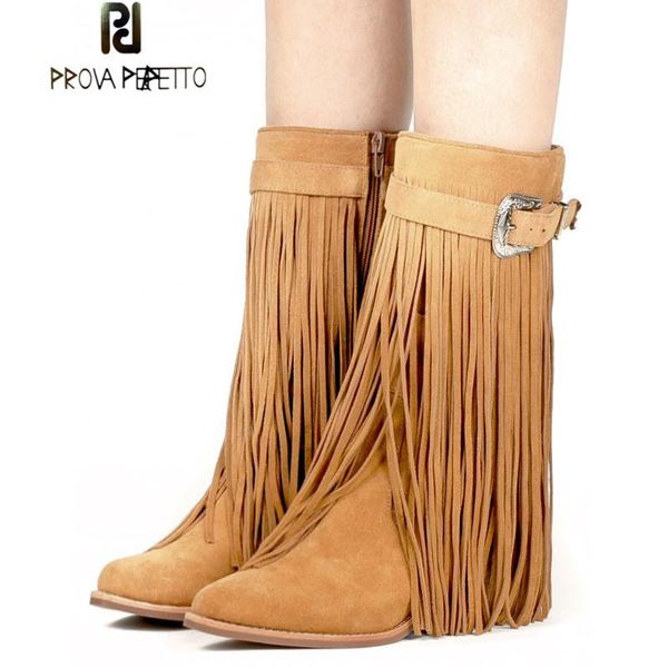 

prova perfetto fashion all tassels round toe high heel martin boots warm suede leather buckle side zipper chunky heels mid boots, Black