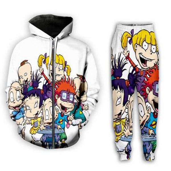 

2021 new fashion men/women cartoon rugrats zipper hoodie and pants two-piece fun 3d overall printed tracksuits pj02, Gray