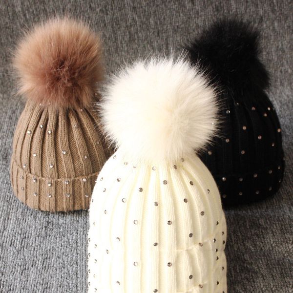 

knit parent-child hat wholesale fur pom pom fashion beanie kids stocking cap for winter, Yellow