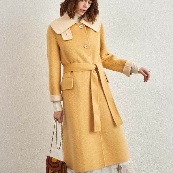 

high-end 100% cashmere trench fashion double face coat female 2020 new winter spring sweet collar long slim yellow cashmere coat1, Tan;black