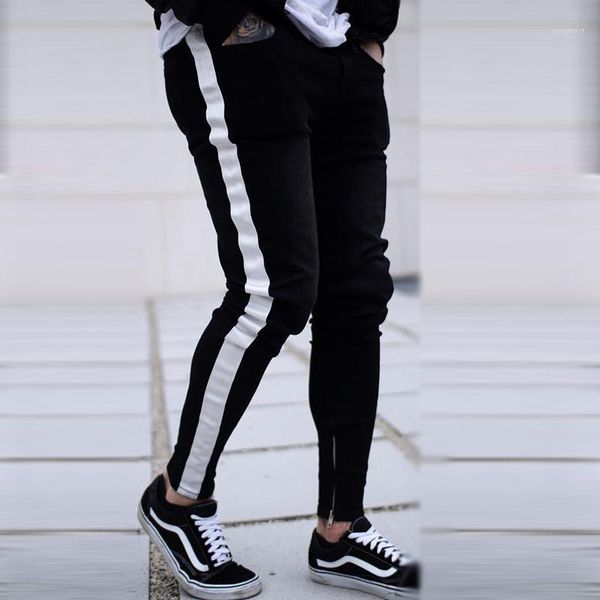 

skinny jeans men hip hop stripe elastic slim fit denim pants male stretchy pencil bottoms street knee ripped holes jeans1, Blue
