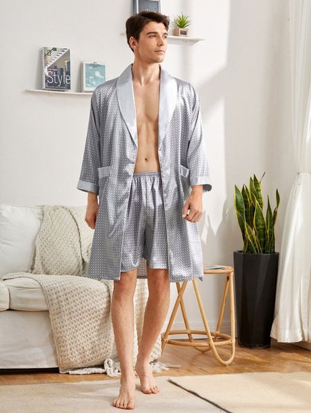 

men allover print belted satin pj set h7rb#, Black;brown