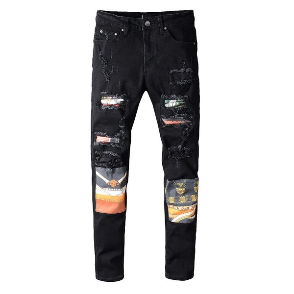 

mens jeans #653 distressed motorcycle biker jeans slim ripped hole stripe famous denim men pants jeans, Blue