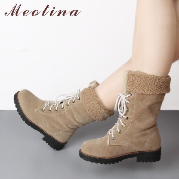 

meotina winter snow boots women platform mid calf boots lace up square heel flat plush warm female shoes black beige