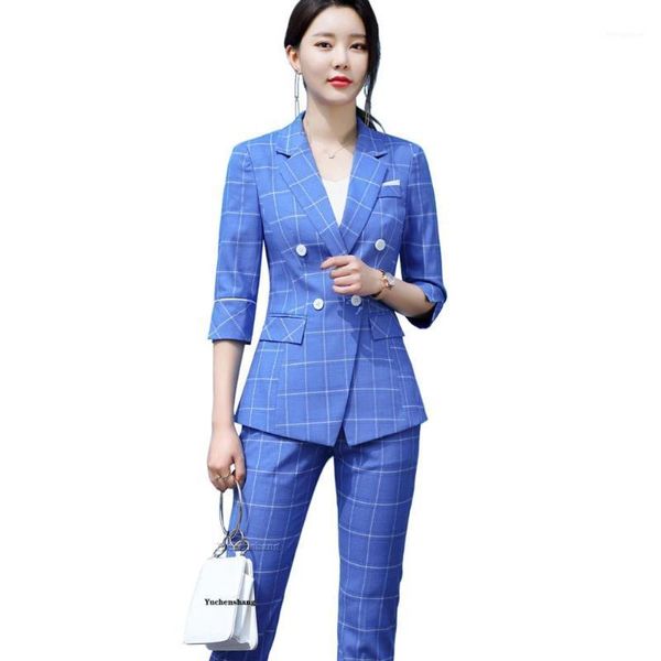 

fashion blue purple stripe two piece set size s-5xl women pant suit for summer spring half sleeve blazer with pant1, White;black