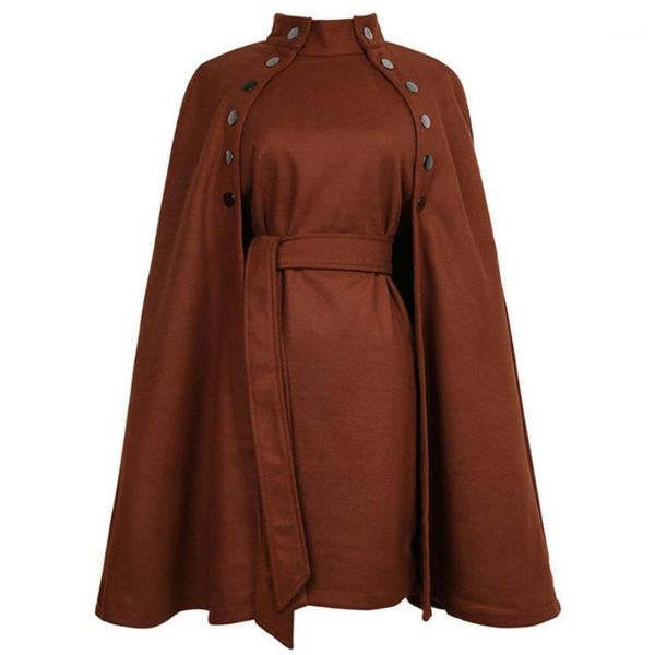 

coat women cape cloak double-breasted stand collar wool blends coat1, Black