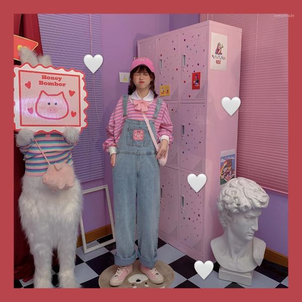 

women's jumpsuits & rompers vintage style cute women's suspender straps jumpsuit straight trousers piggy embroidery overall jeans, Black;white