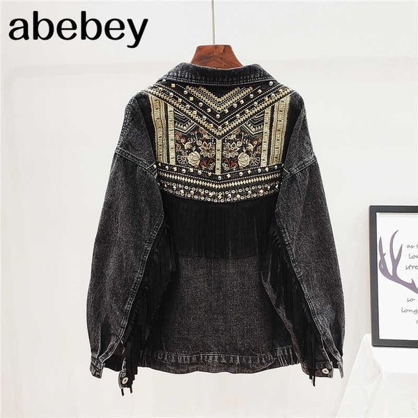 

denim jacket korean floral embroidery suede fringe loose chaquetas mujer coat long sleeve outerwear jacket women veste femme 201020, Black;brown