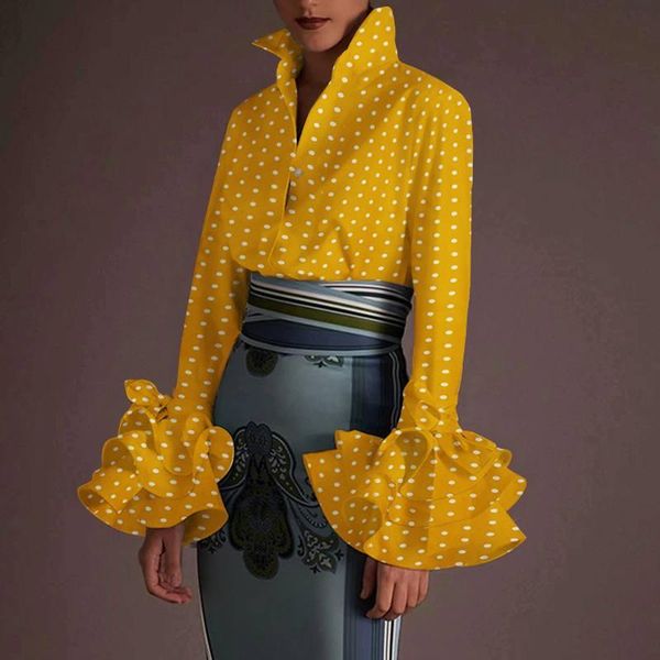 

2021 casual polka dot print puff sleeve blouse shirt autumn long sleeve elegant office lady lapel neck button women shirts, White