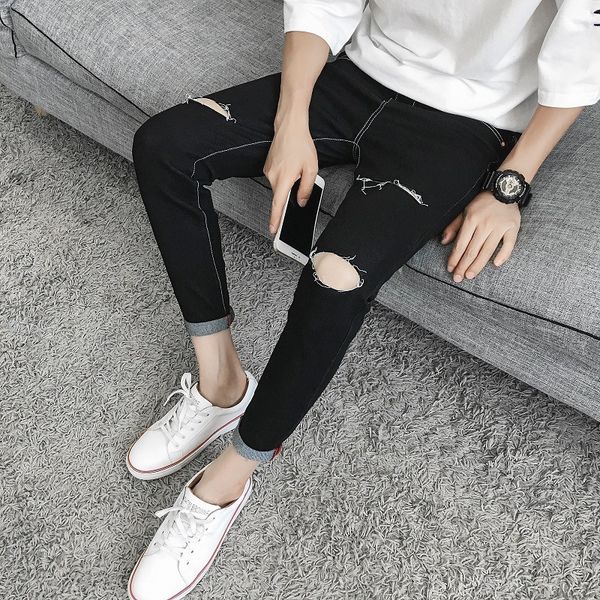 

korean slim leggings new trend casual capris autumn cool and versatile men's jeans with holes, Blue