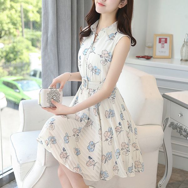 

2021 new chiffon moda elegante vestido floral feminino sem mangas doce vestidos de vero casual magro vintage rosa wxf972 gjsl, Black;gray