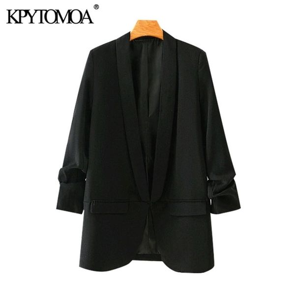 

kpytomoa women fashion office wear basic black blazer coat vintage pleated sleeve pockets female outerwear chic y201026, White;black