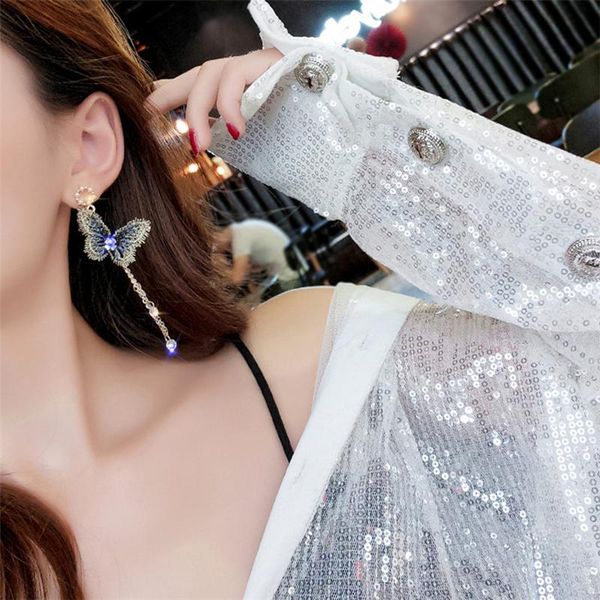 

japanese and korean net red vintage embroidery butterfly earrings korean version of the personality long tassel vintage stud, Golden;silver