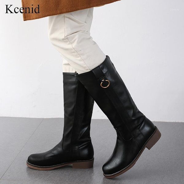 

kcenid warm winter boots women slip on riding boots metal decoration mid-calf shoes women square heel ladies shoes black1, Black