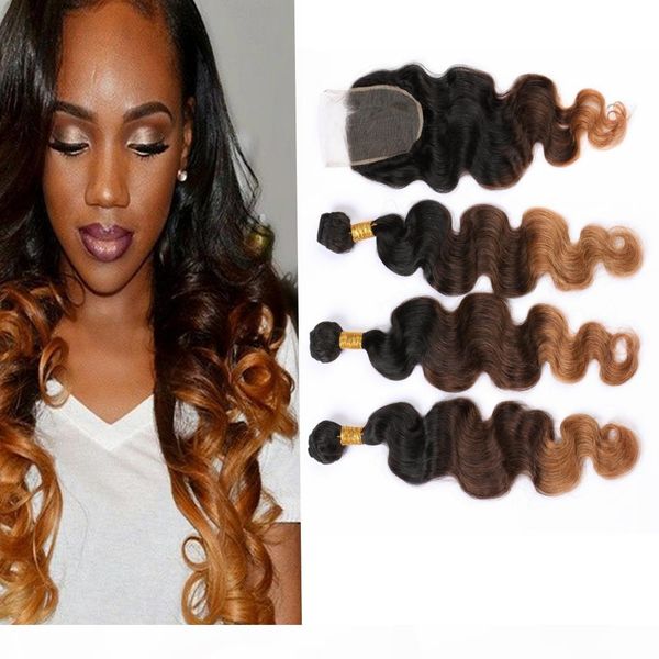 

ombre 3tones blonde unprocessed bundles with closure 4" * 4" bundle closure body wave with body wave ombre hair #1b #4 #27, Black;brown