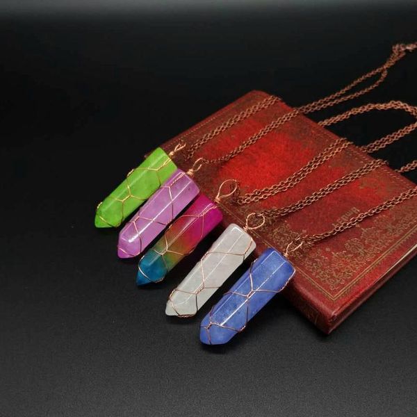 

natural stone hexagonal column quartz necklaces handmade antique copper wire wrap crystal pendant gem necklace women men jllzbg, Black