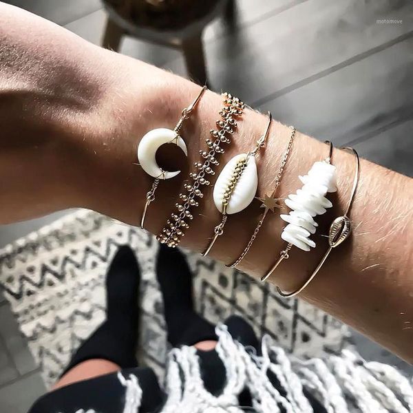 

charm bracelets en white shell crescent stone geometry bracelet set bohemian multilayer retro gold color design 2021 1, Golden;silver
