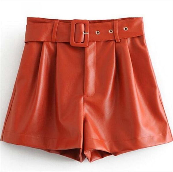 

new fashion 2020 winter new women orange color pu bermuda shorts faux leather belted shorts drop shipping, White;black