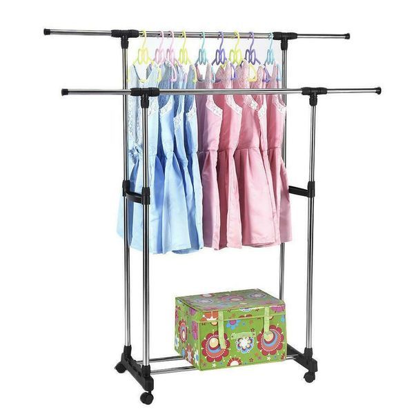 

heavy duty double adjustable portable clothes dry hanger rolling rack rail