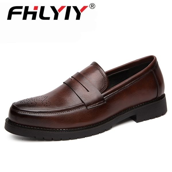

fhlyiy brand retro men dress shoes brogue style party leather formal shoes wedding shoes men flats leather oxfords slip on, Black