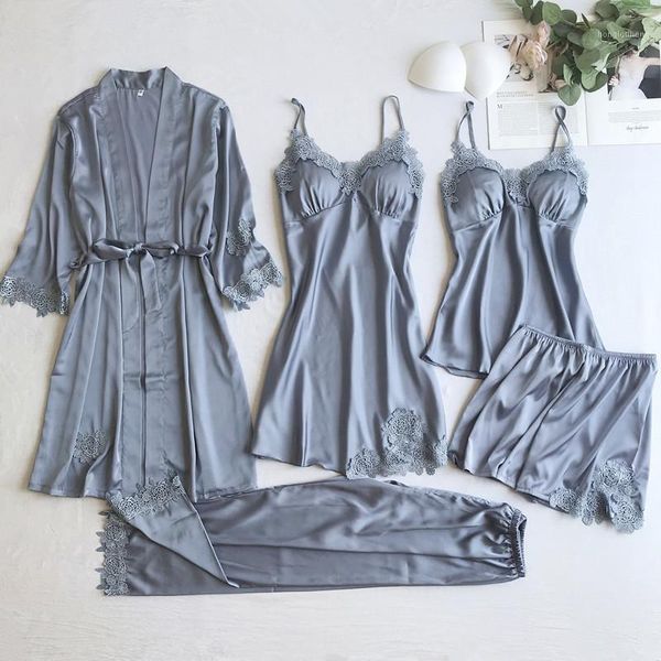 

lady 5pcs kimono robe gown suit lace flower trim satin sleepwear v-neck nightdress chest bra casual home wear with belt1, Black;red