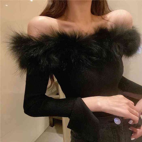 

off shoulder fashion fur tank casual candy colors knitted crop top, White;black