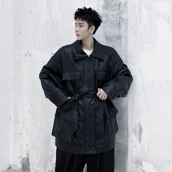 

men's fur & faux male japan korea style hip hop belt leather coat outerwear men streetwear fashion casual loose pocket cargo jacket, Black