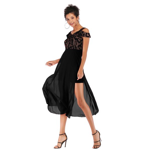 

2020 chiffon casual elegant round neck fake two piece high waist dress, Black;gray