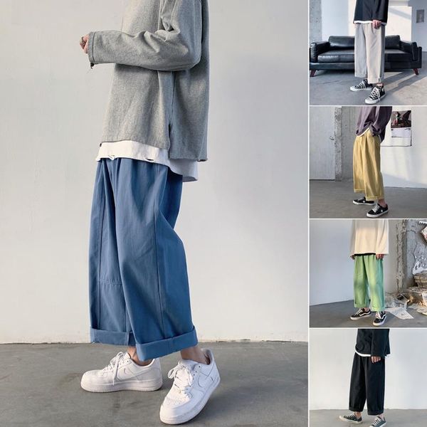 

cotton straight trousers men's fashion solid color elastic waist casual pants men streetwear wild loose tooling trousers mens, Black