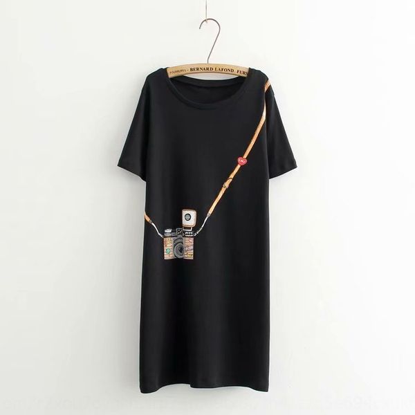 

2019 summer t-shirt camera new korean academic round neck cartoon camera print medium length short sleeve t-shirt skirt ljovf, Black;gray